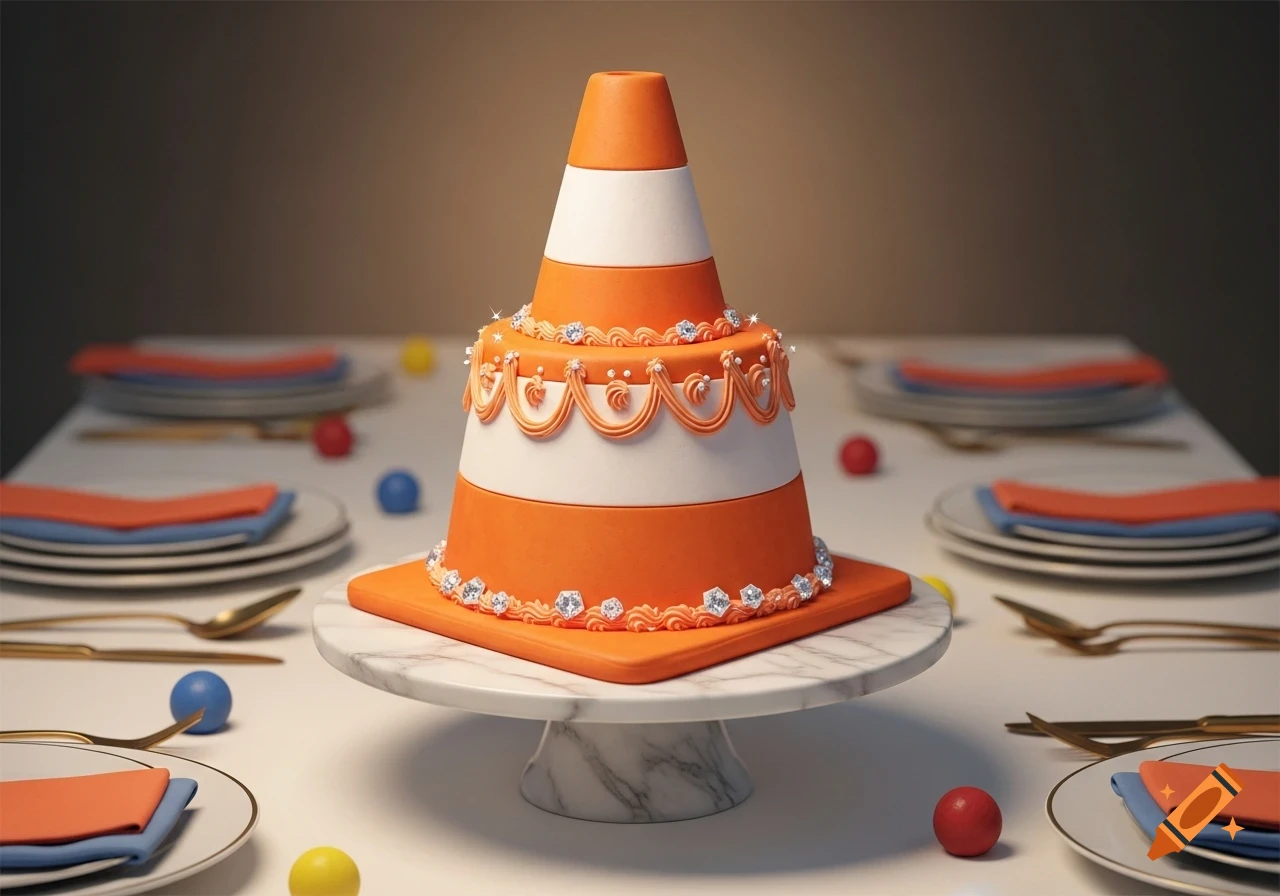 Photorealistic image of an orange and white traffic cone cake decorated with icing and sparkling gems, on a table set for a party.