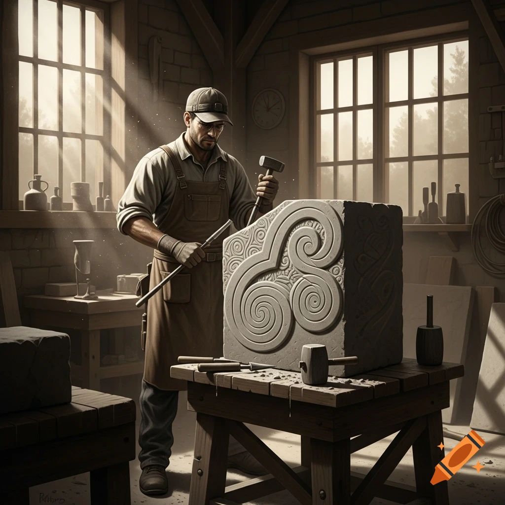 A stone mason carving intricate patterns into a large stone block in a sunlit workshop, surrounded by tools, in a realistic style.
