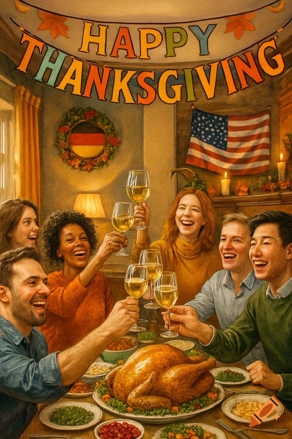 A diverse group of smiling people toast with wine glasses around a table with a roasted turkey, with American and German flags in the background.
