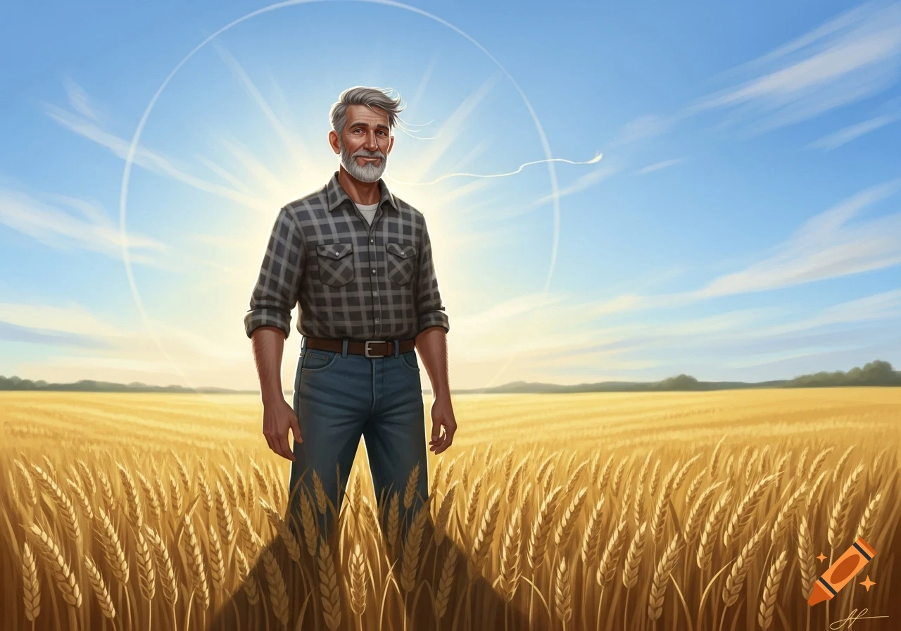 A smiling man with gray hair and a beard, wearing a plaid shirt and jeans, stands in a golden wheat field under a bright blue sky with radiating sun.