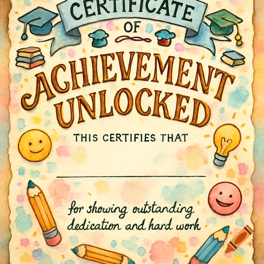 A whimsical watercolor certificate titled 'Certificate of Achievement Unlocked,' featuring graduation caps, books, and smiling faces.