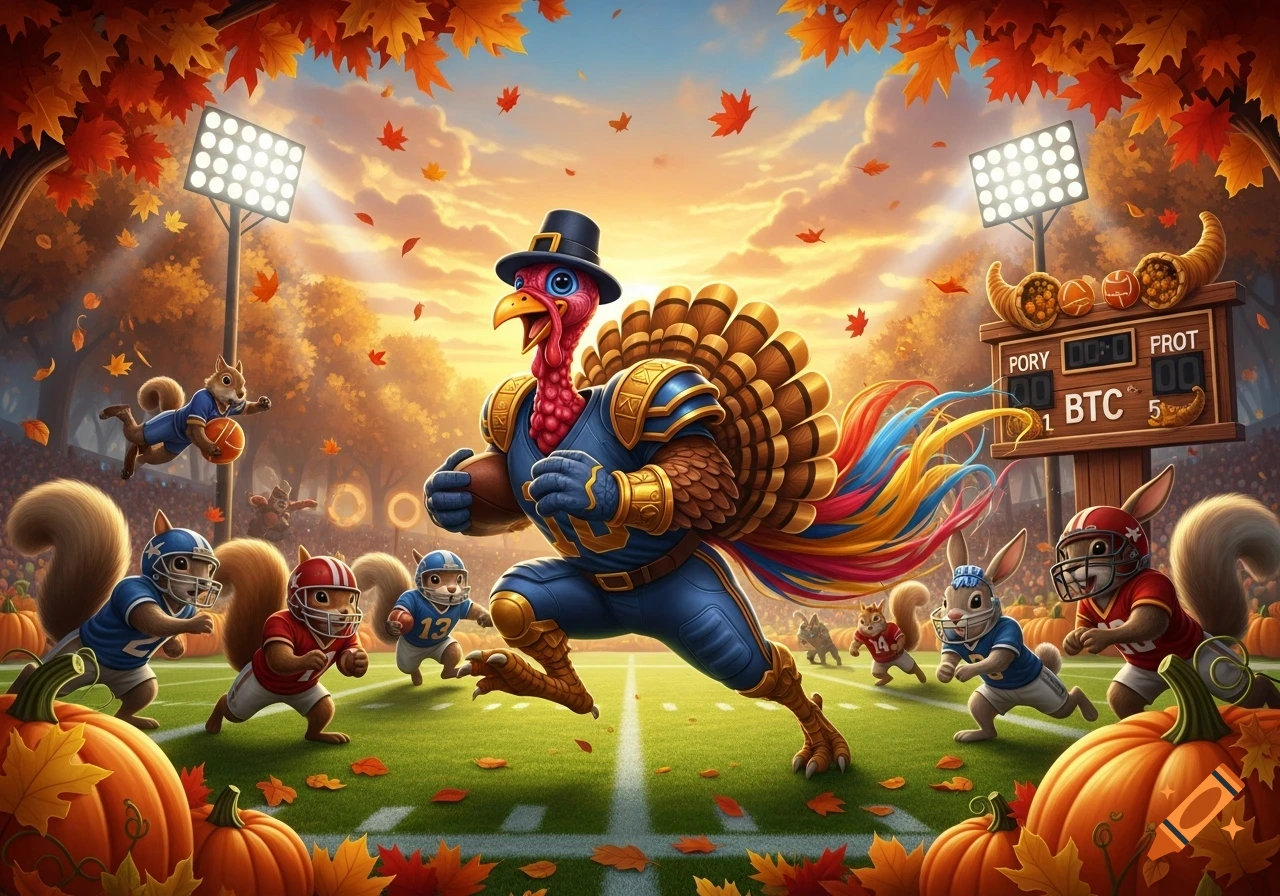 Vibrant cartoon of a turkey in football gear running past squirrels and rabbits playing football on an autumn field with pumpkins.