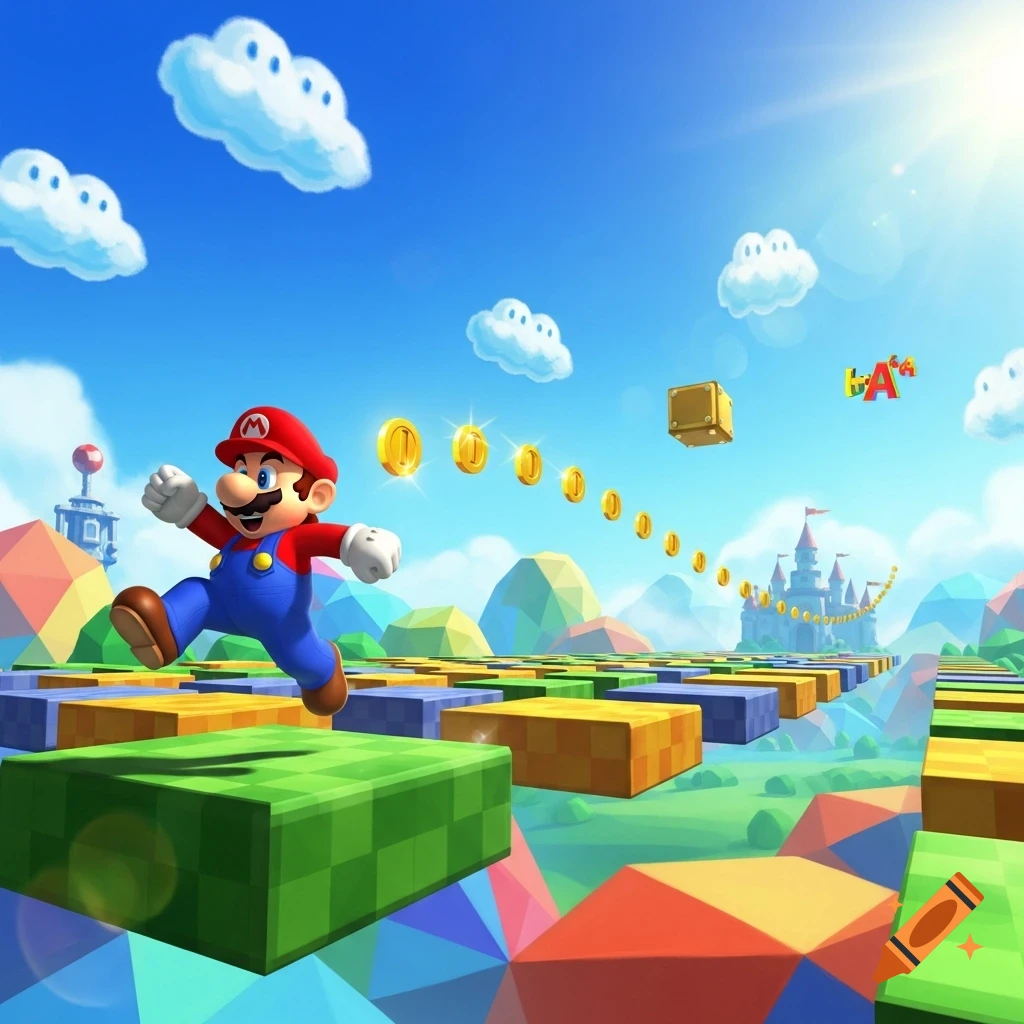 Mario runs across colorful block platforms under a bright blue sky, with floating coins, clouds, and a distant castle.