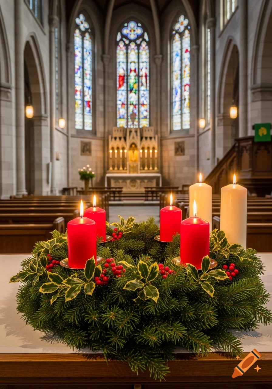 An Advent wreath with three lit red candles and two lit white candles sits on a wooden table inside a church with large stained glass windows in the background.