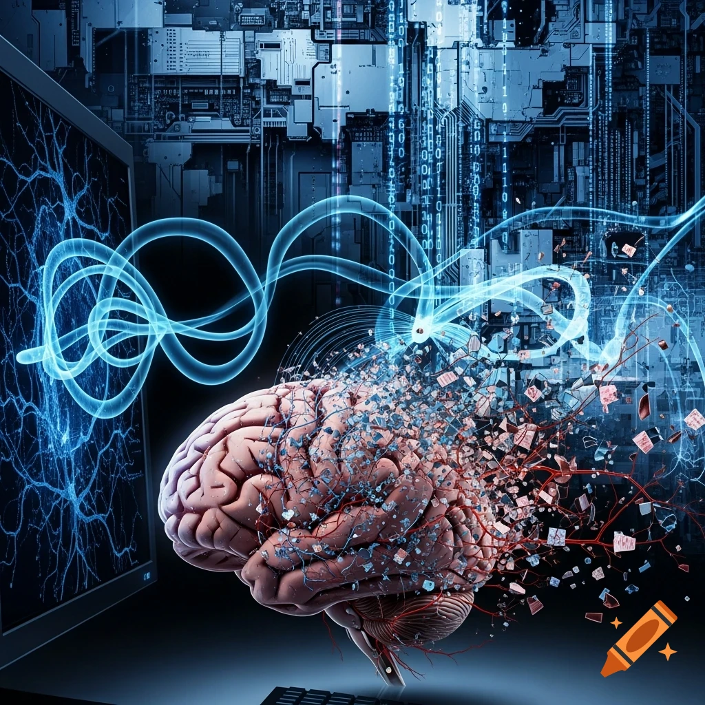 A digital artwork of a human brain disintegrating into data bits and glowing neural patterns amidst circuit board elements and binary code.