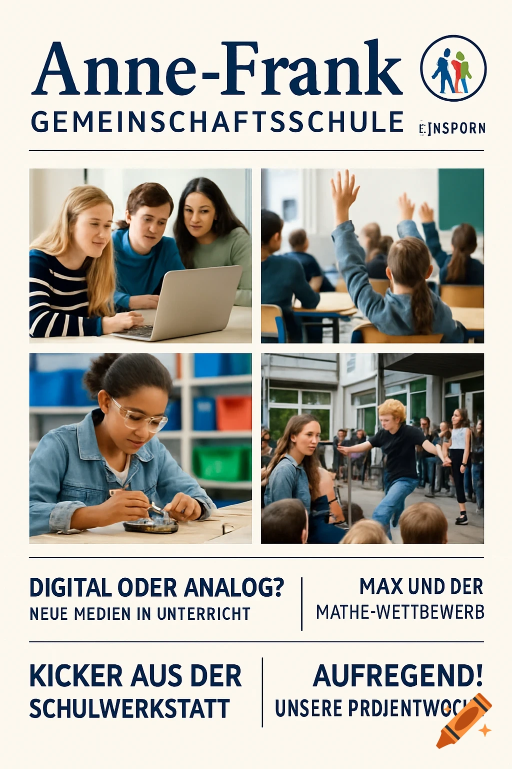 A school newspaper cover for Anne-Frank-Gemeinschaftsschule, featuring a collage of students using a laptop, raising hands in class, working on a project, and interacting outdoors, with various headlines.