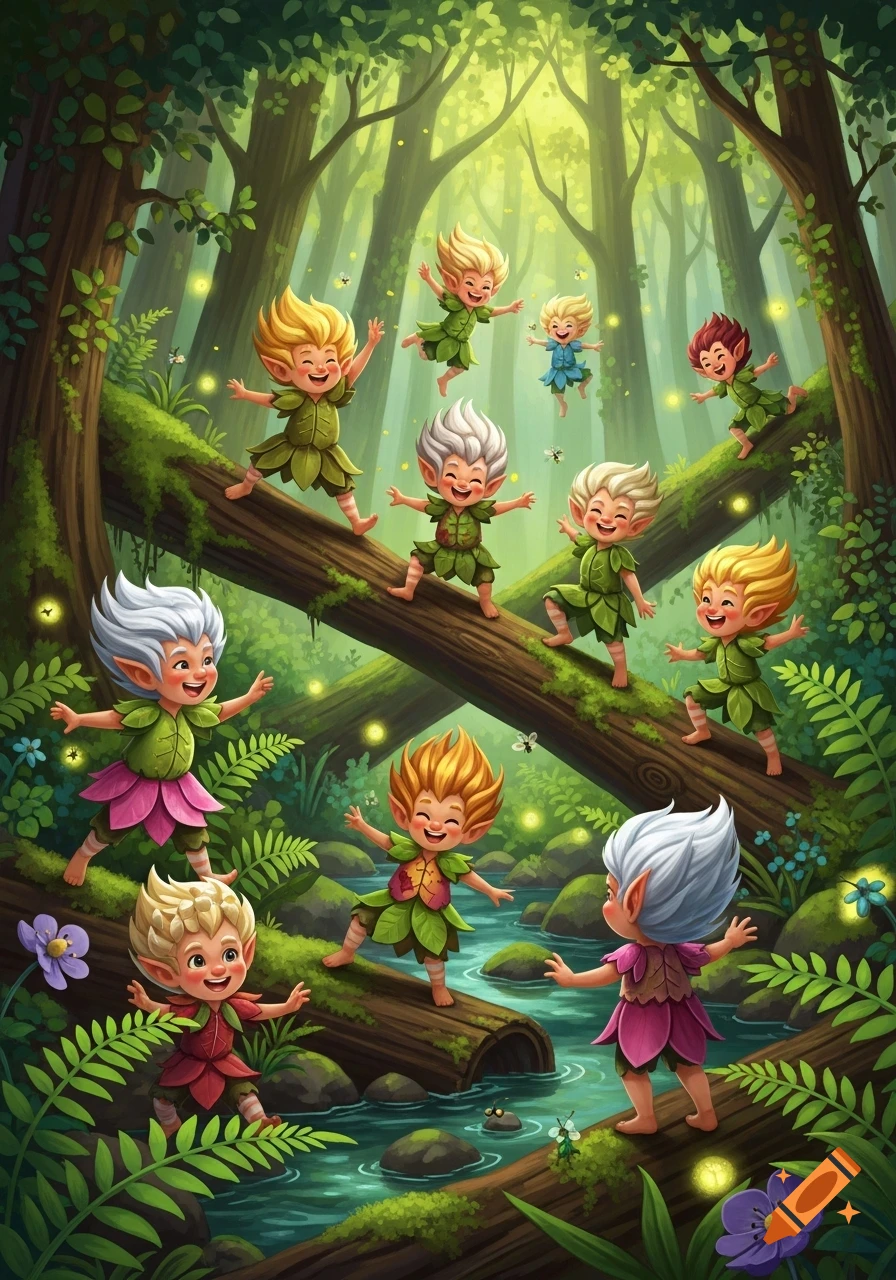 Multiple happy, cartoonish elves play and dance on mossy logs over a stream in a glowing green forest.