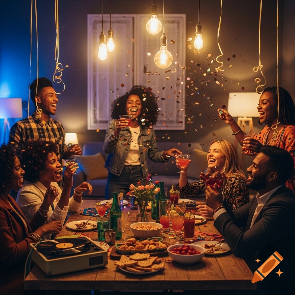 Diverse friends laugh and celebrate around a table filled with drinks and snacks, with confetti falling and warm lights illuminating the scene.