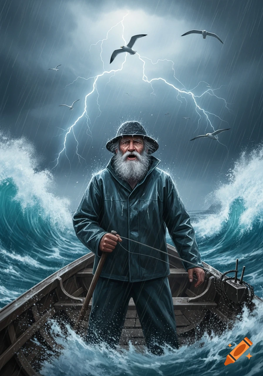 An old fisherman with a white beard in a small boat braves a stormy sea with large waves, rain, and lightning in the dark sky.