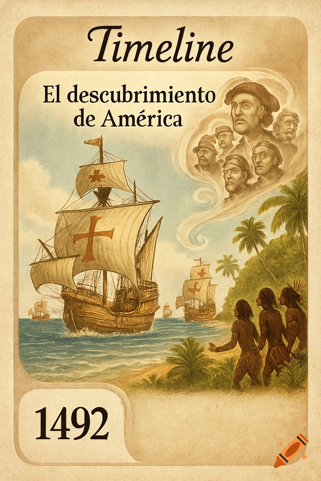 An old-style illustration on a card, showing three European caravel ships approaching a tropical island where three indigenous people stand. In the top right, a cloud contains portraits of several historical figures. Text reads "Timeline", "El descubrimiento de América", and "1492".