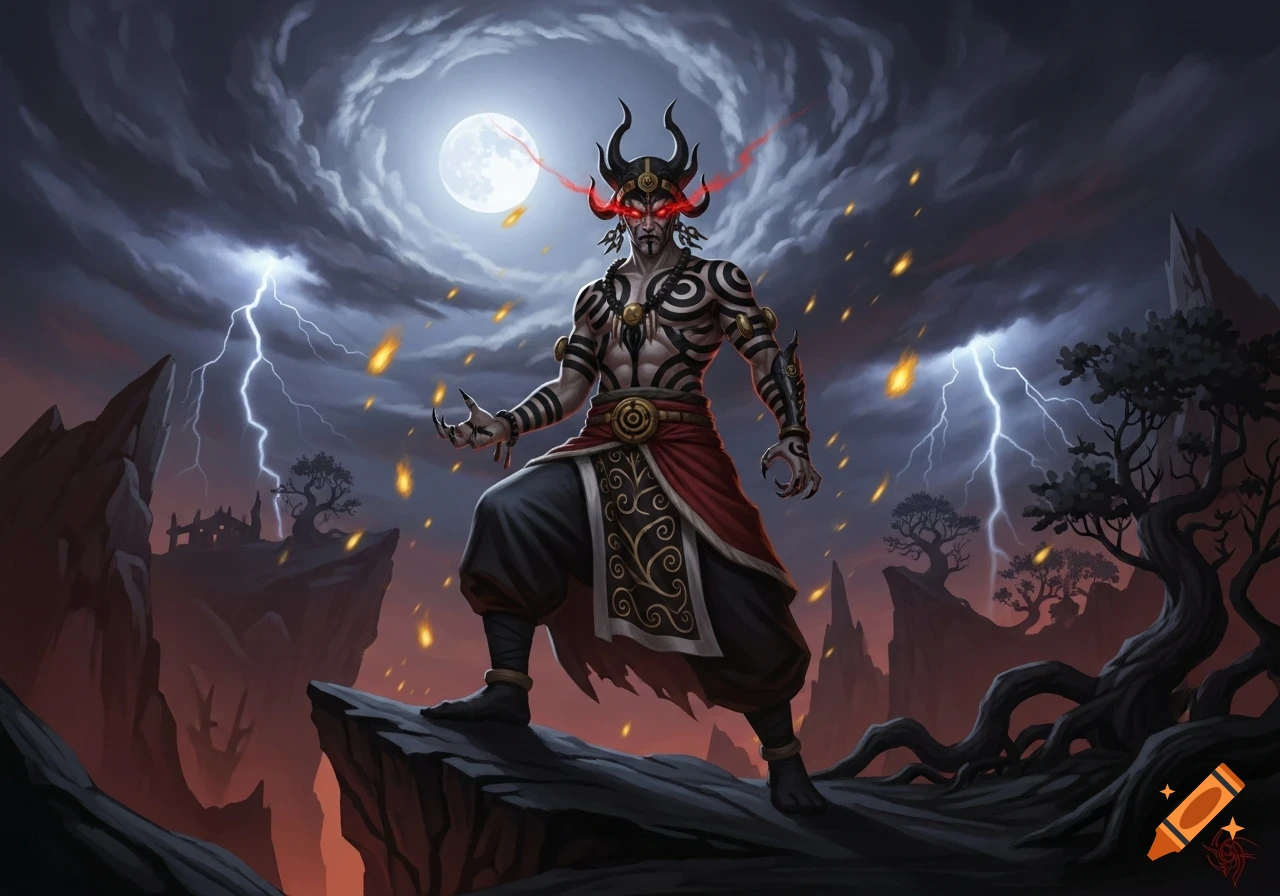 A horned demon-like figure with glowing red eyes and tattoos stands on a cliff amidst a lightning storm under a full moon, in dark fantasy art style.