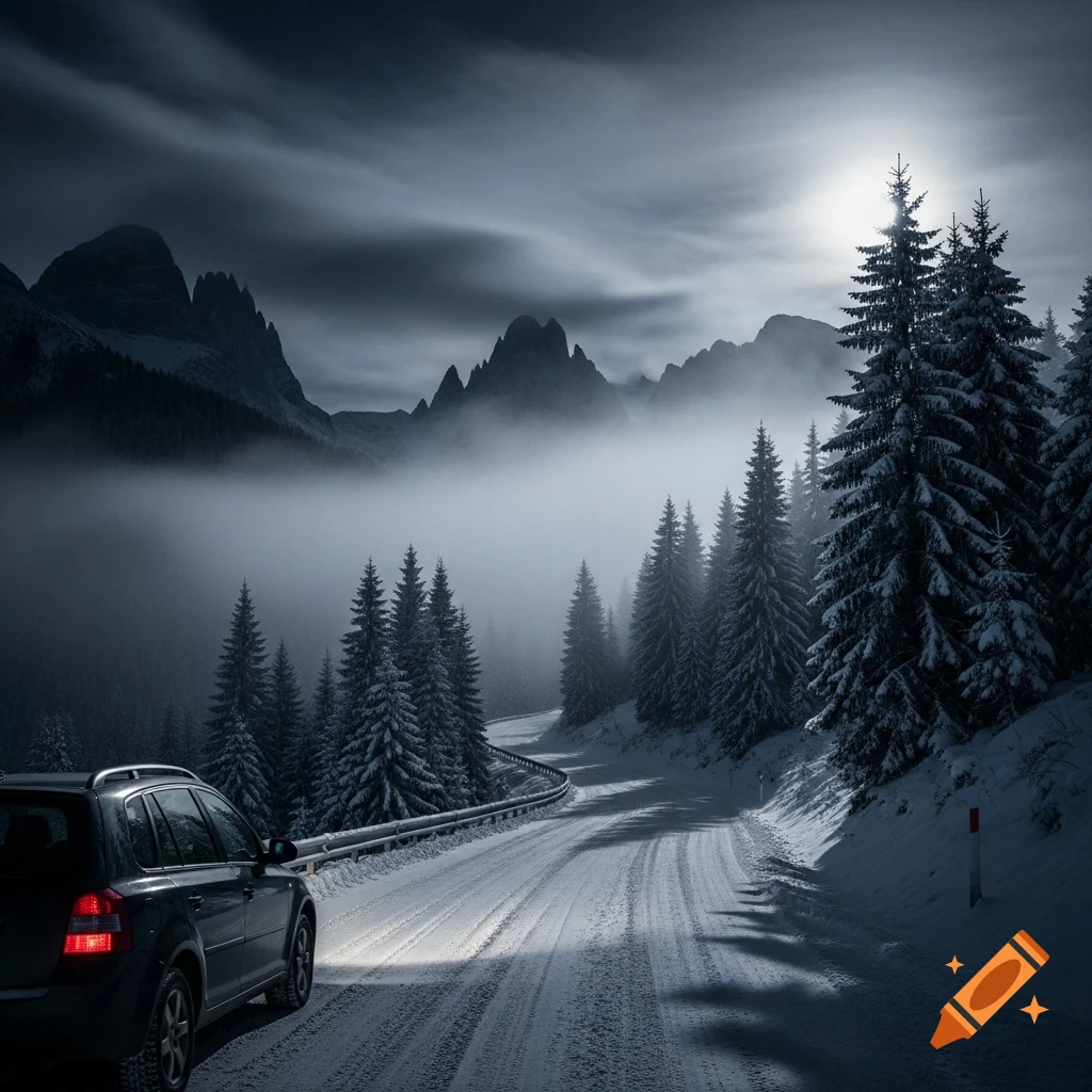 A dark car drives on a winding, snow-covered mountain road flanked by pine trees and fog under a bright, dark sky.