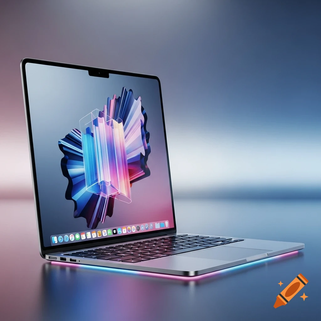 Photorealistic silver laptop with a colorful abstract screen wallpaper and glowing base lights on a reflective surface.