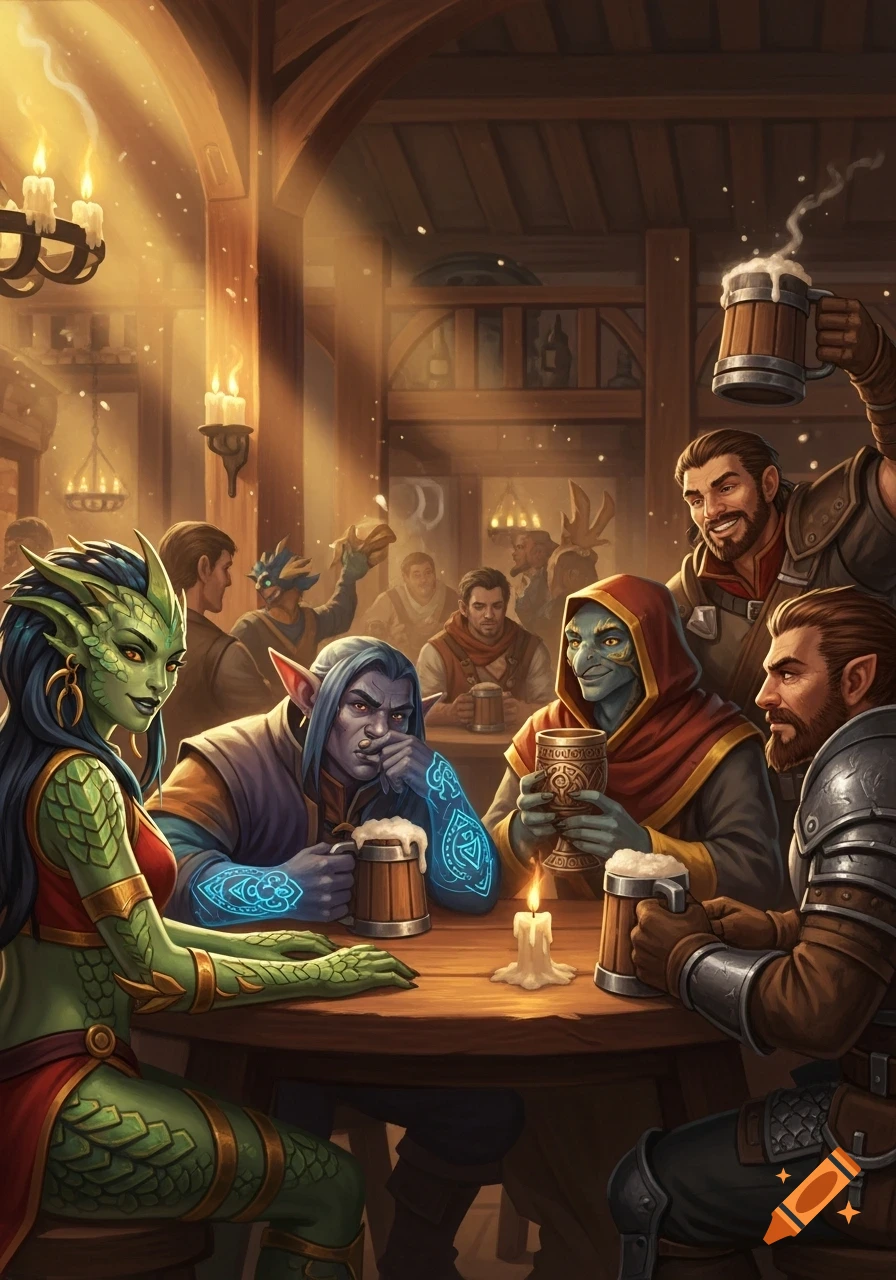 Fantasy characters, including a green-scaled humanoid and human men, gather around a wooden table in a warmly lit tavern, drinking from mugs.