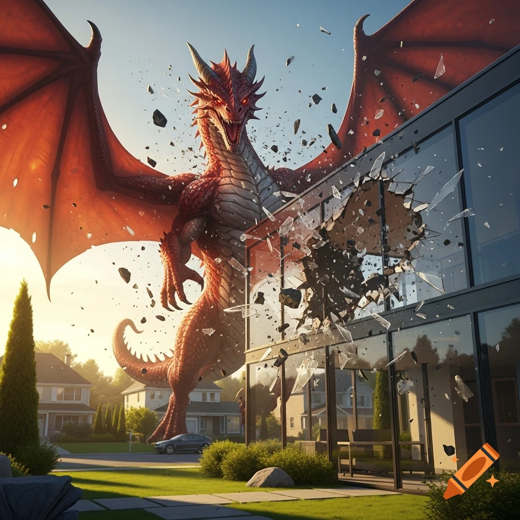 A huge red dragon with large wings smashes through the glass wall of a modern suburban house, scattering debris under a clear sky.