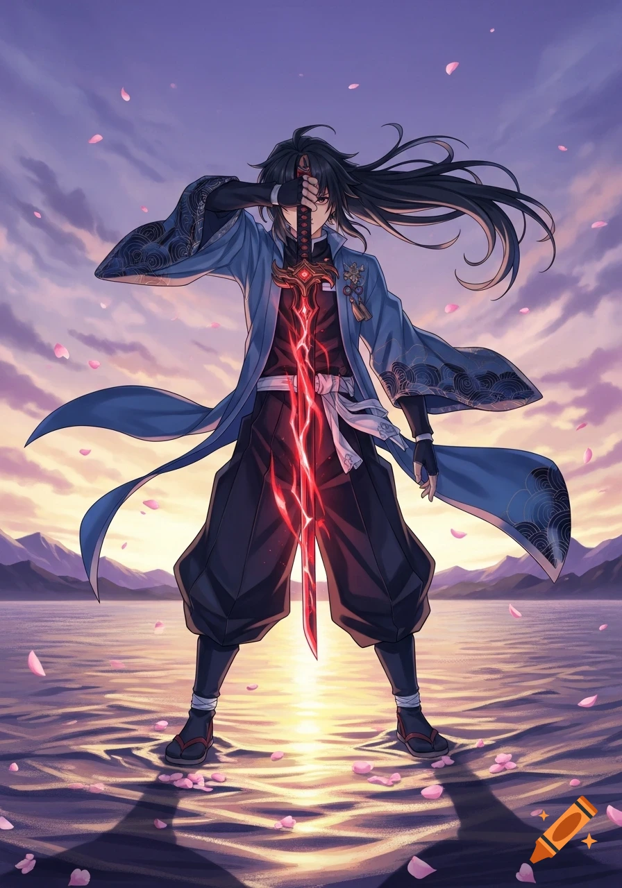 An anime samurai with a glowing red sword stands in reflective water during sunset with falling pink petals.