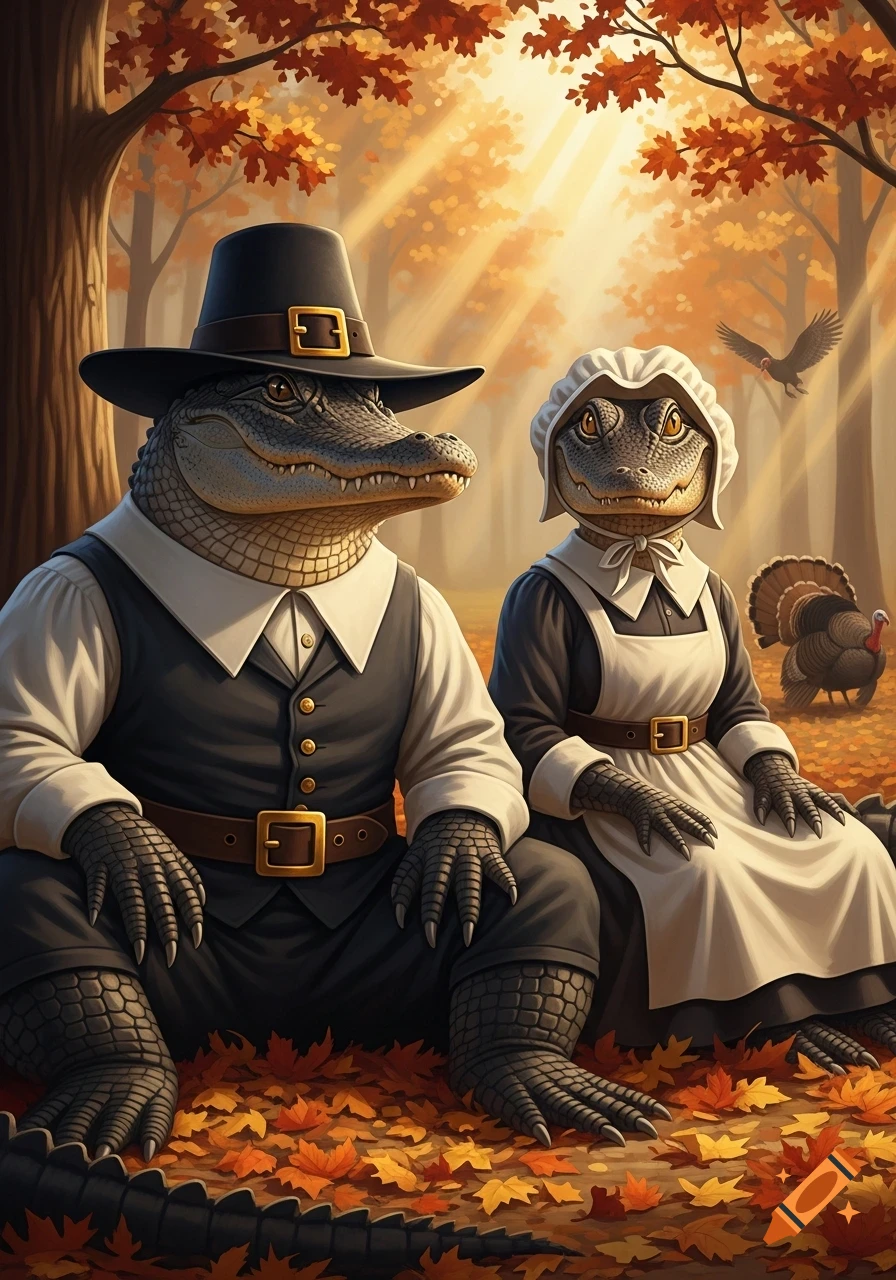 Two anthropomorphic alligators dressed as Pilgrims sit among fall leaves in an autumn forest with a turkey and eagle.