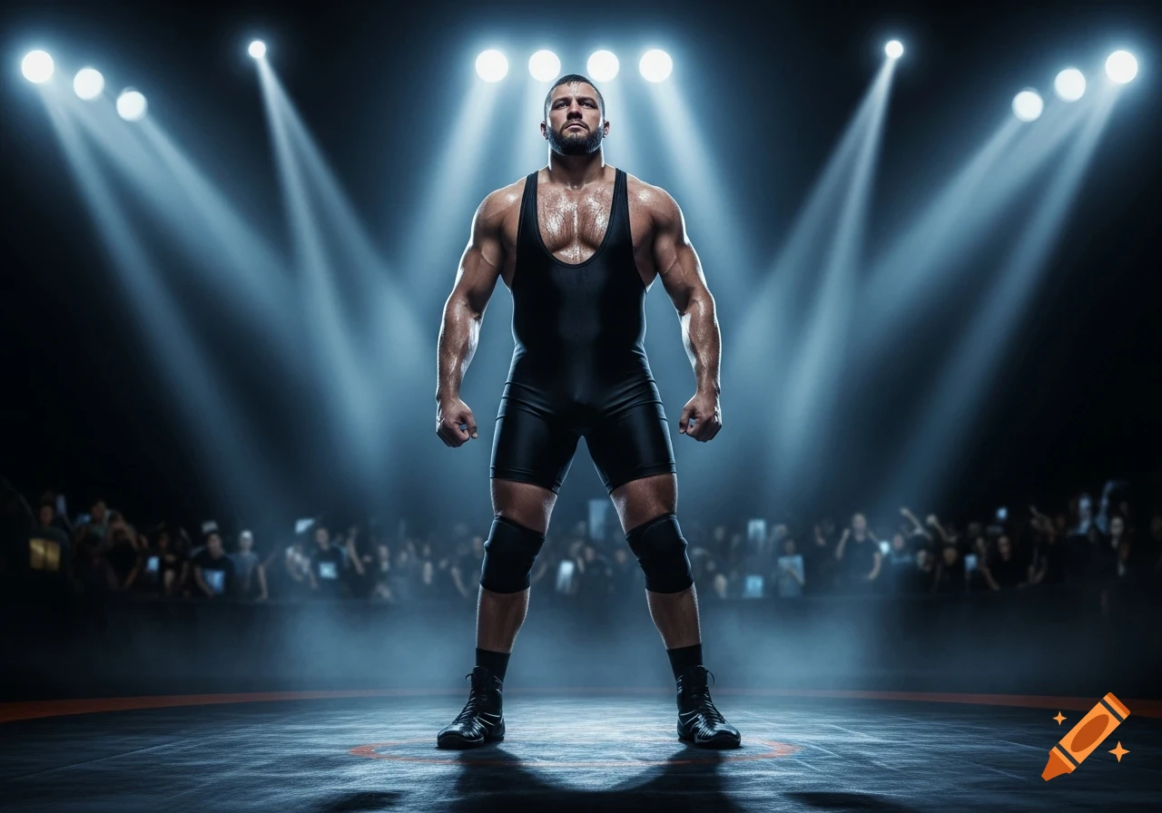 A muscular male wrestler in a black singlet stands powerfully under bright spotlights in a wrestling ring, with a blurred audience in the background.