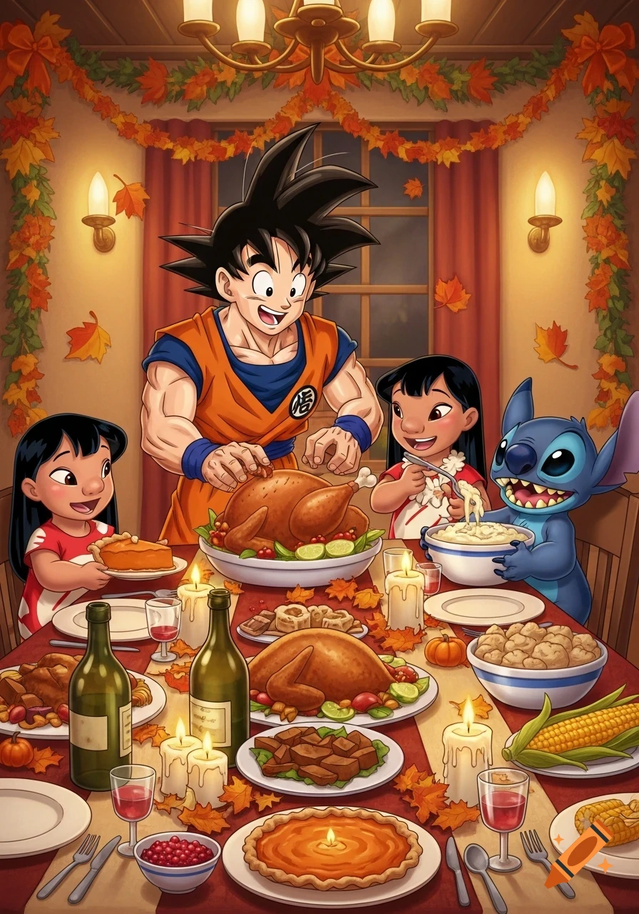 Goku, Lilo, and Stitch share a festive Thanksgiving dinner in a warm, cartoon-style illustration.