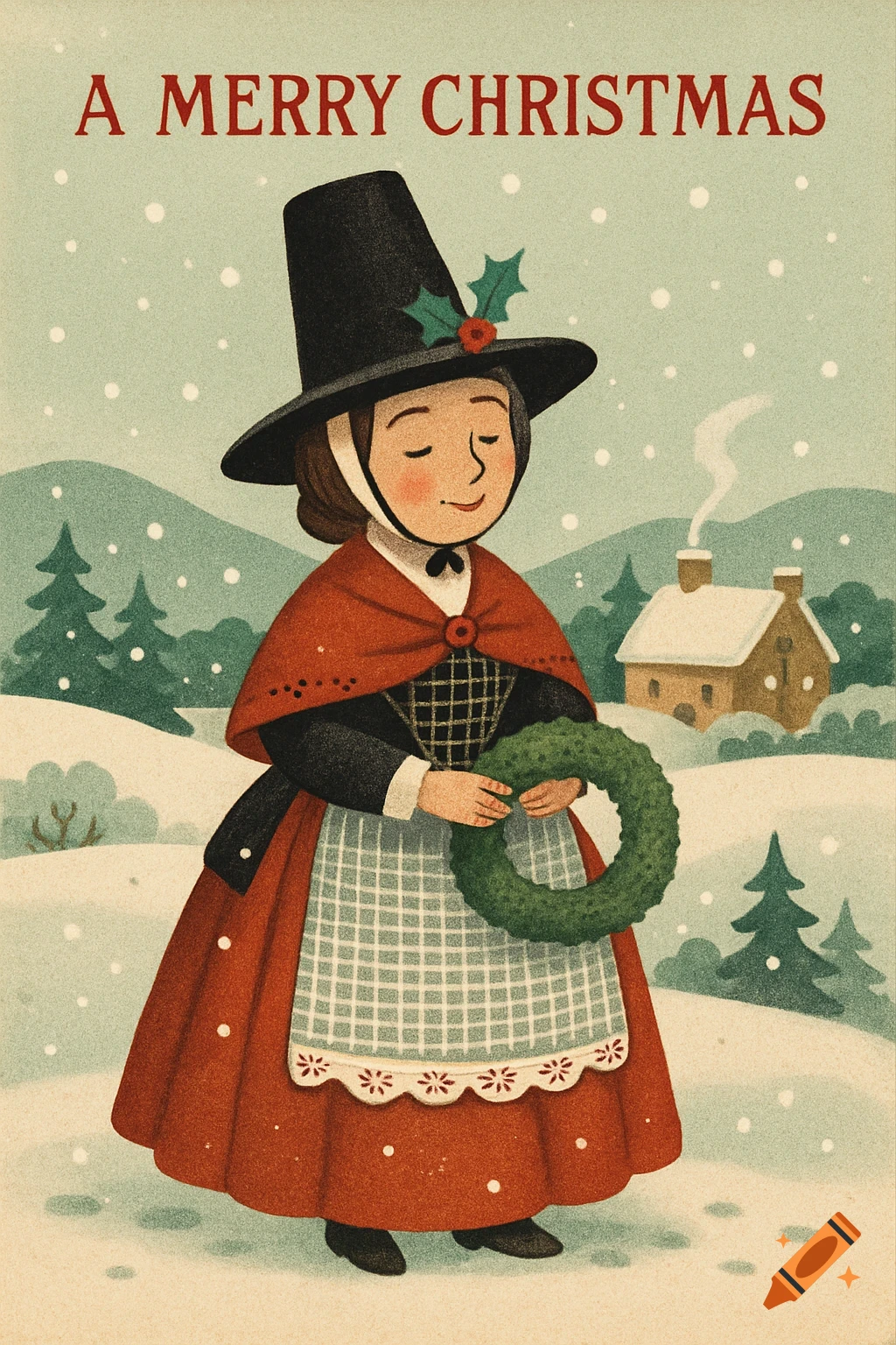 A vintage-style Christmas card illustration of a Welsh lady in traditional attire holding a wreath in a snowy landscape, with 'A Merry Christmas' text.