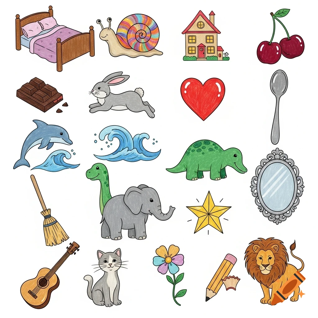 A collection of colorful crayon drawings on a white background, featuring a bed, snail, house, cherries, chocolate, rabbit, heart, spoon, dolphin, waves, dinosaur, elephant, broom, mirror, star, flower, cat, guitar, pencil, and lion.