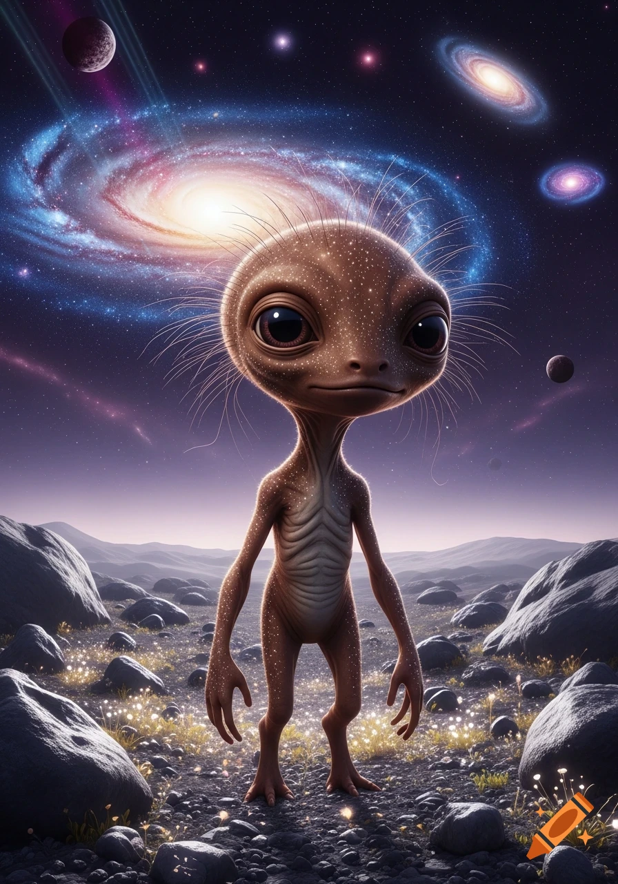 A friendly brown alien with sparkling spots stands on a rocky planet ...