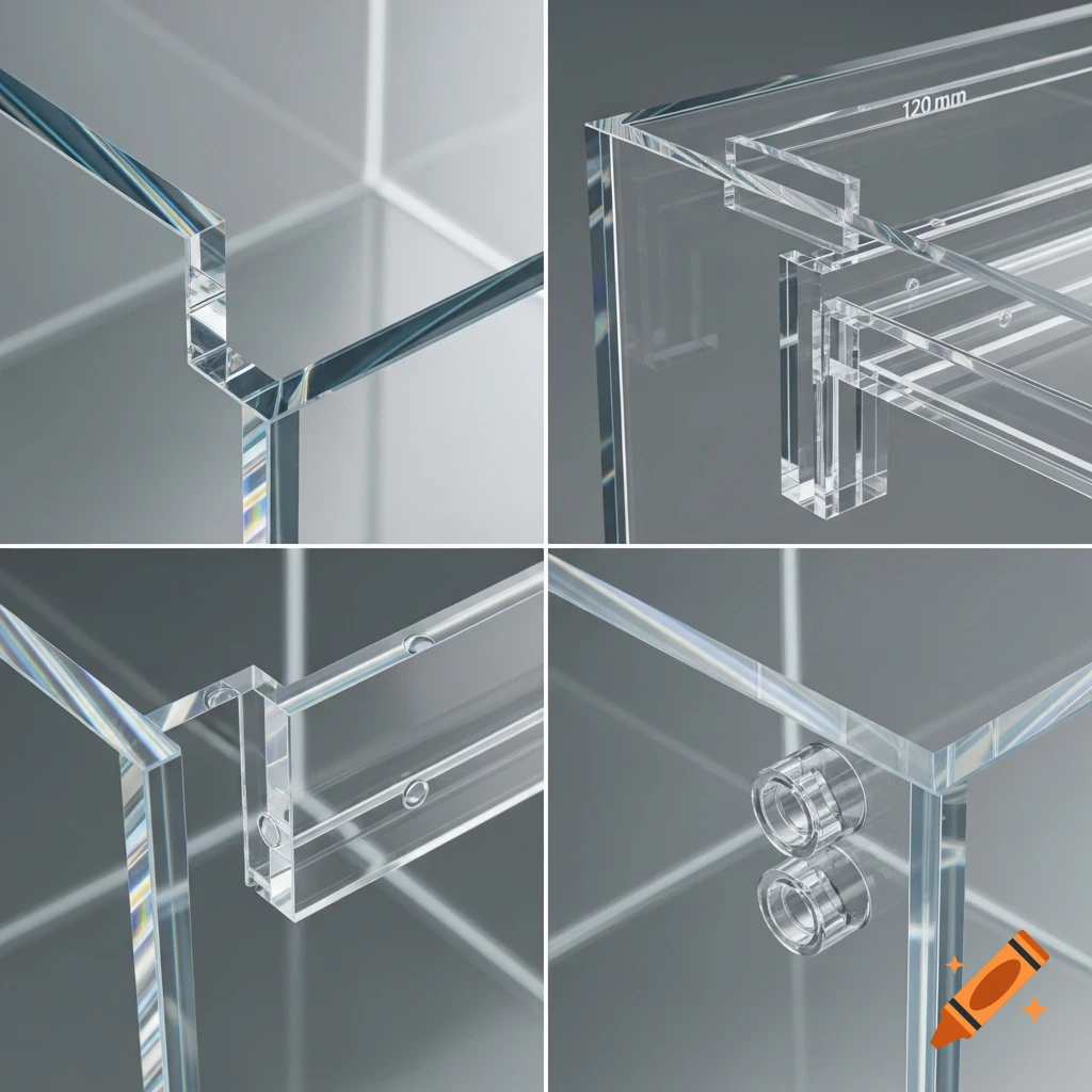 Macro close-up photorealistic 3D render of various clear acrylic glass structural details, including a '120 mm' measurement.