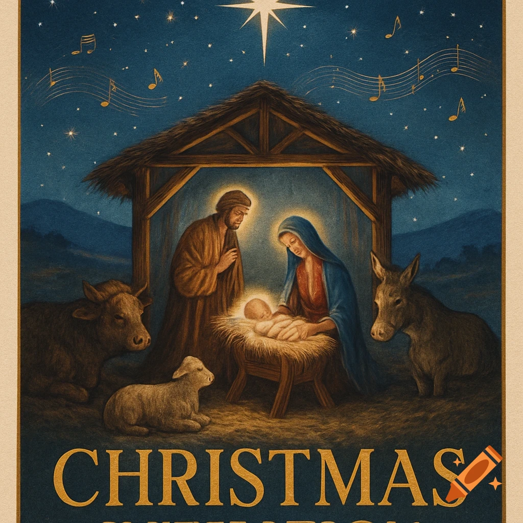 Vintage Christmas nativity scene illustration with Mary, Joseph, baby Jesus, animals, and musical notes under a star. Text: CHRISTMAS INVITATION.