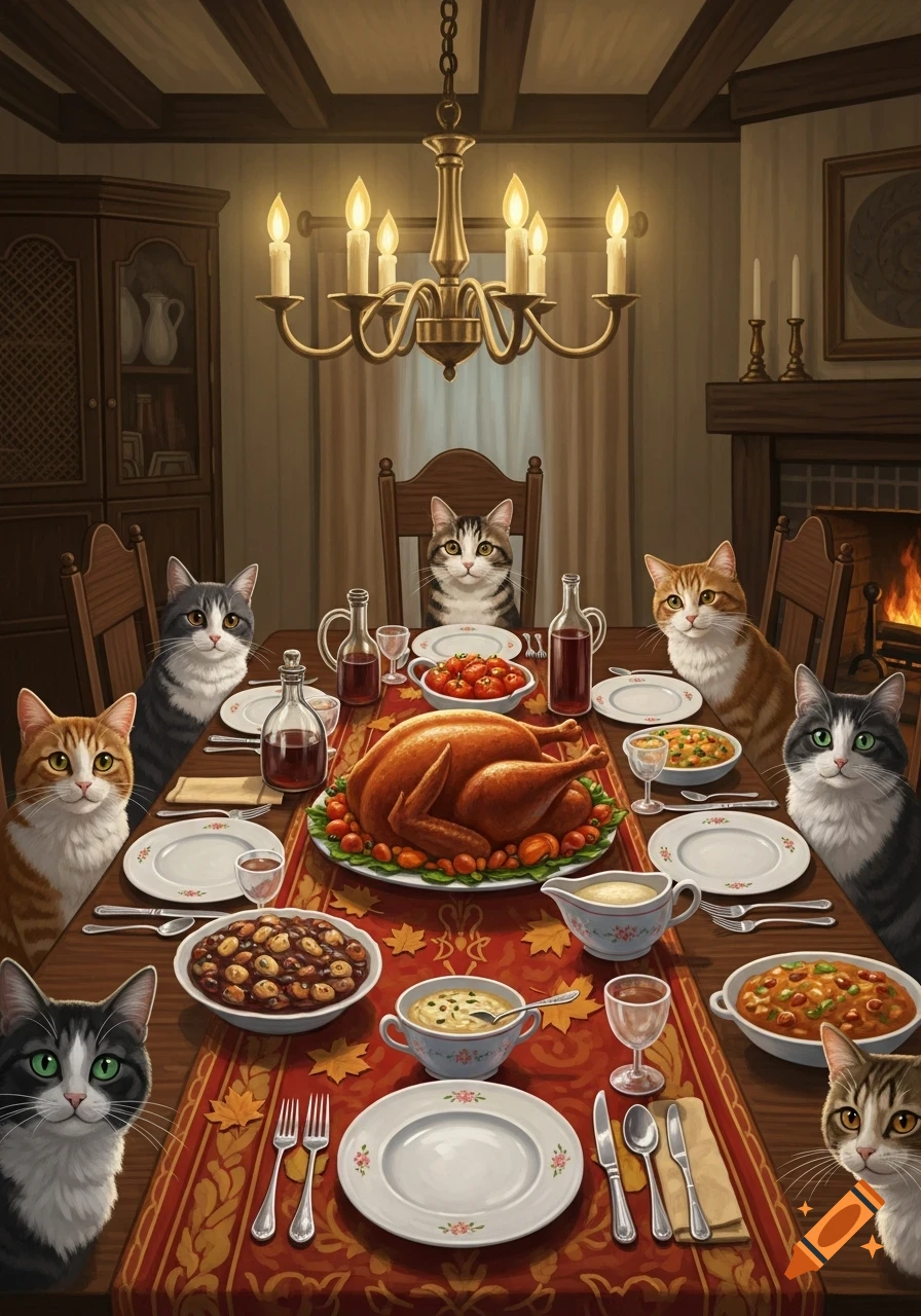 Cats gather around a candlelit Thanksgiving dinner table set with a roasted turkey and various side dishes.