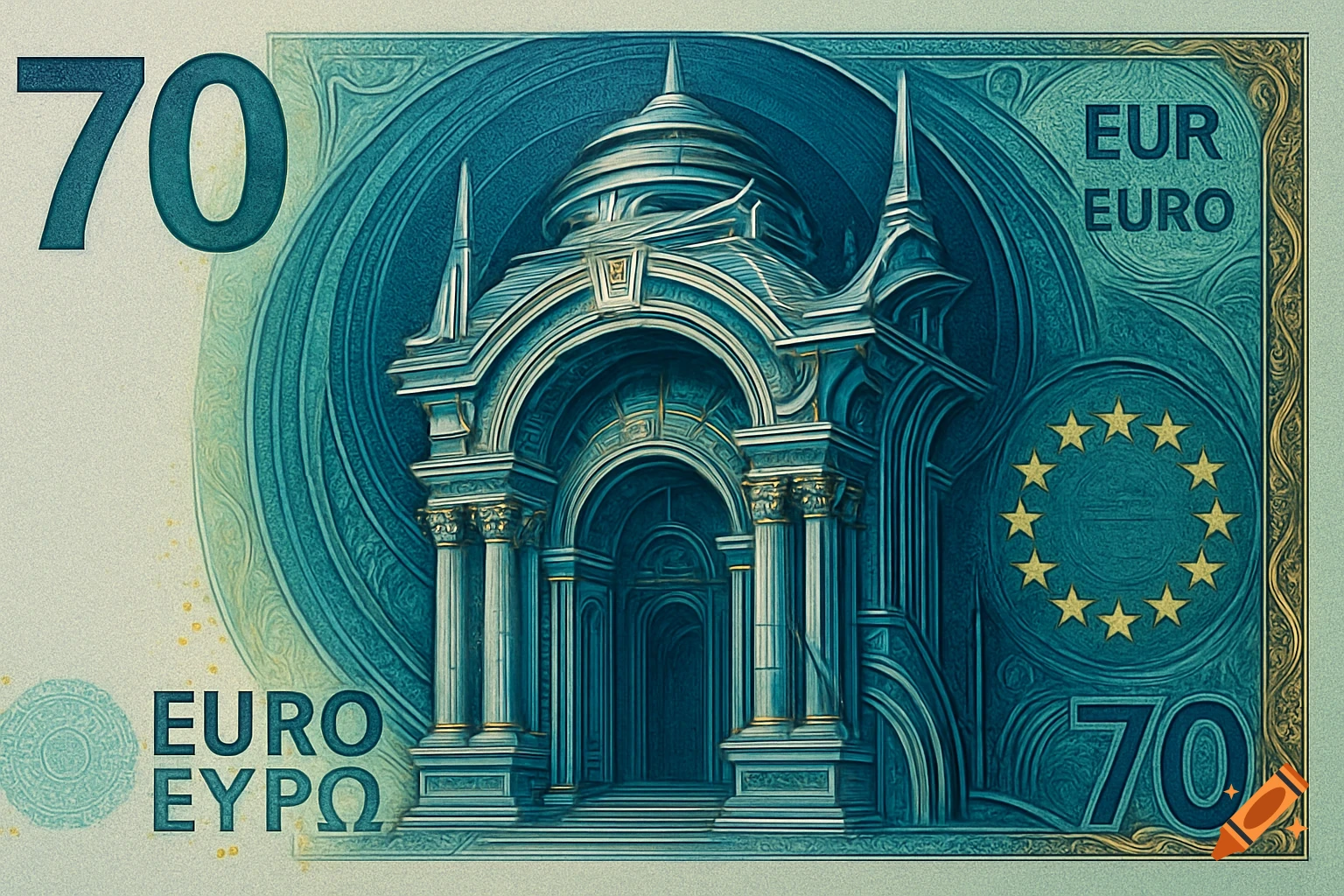 A detailed illustration of a 70 Euro banknote with a central architectural structure, "70" and "EURO" text, and a circle of stars, in teal and gold.