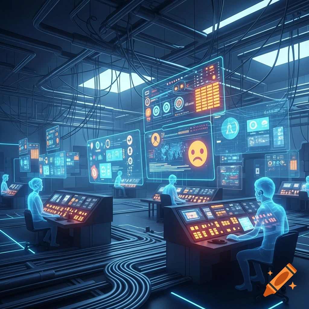 A futuristic control room with glowing blue figures operating consoles, surrounded by holographic screens displaying data and interfaces.