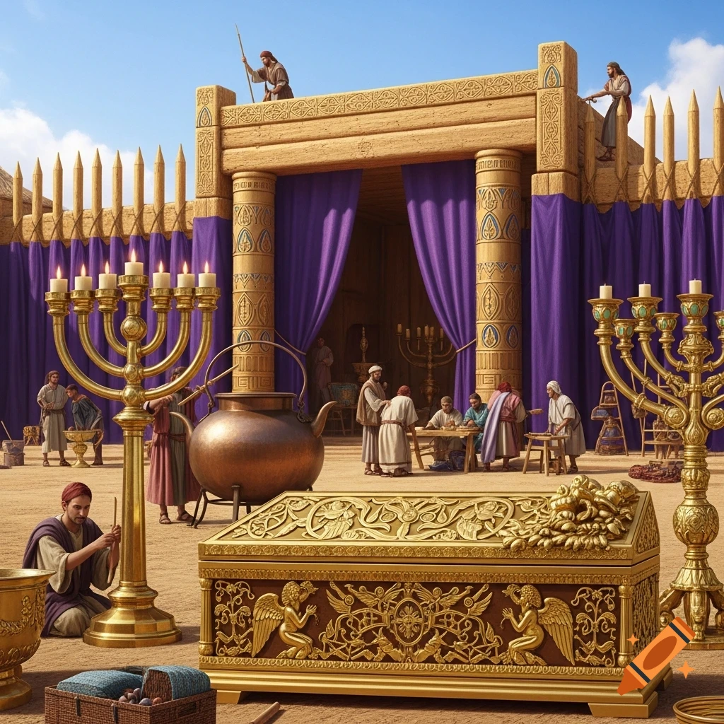Ancient people construct a golden tabernacle with purple curtains, menorahs, and an ornate golden chest in a photorealistic style.