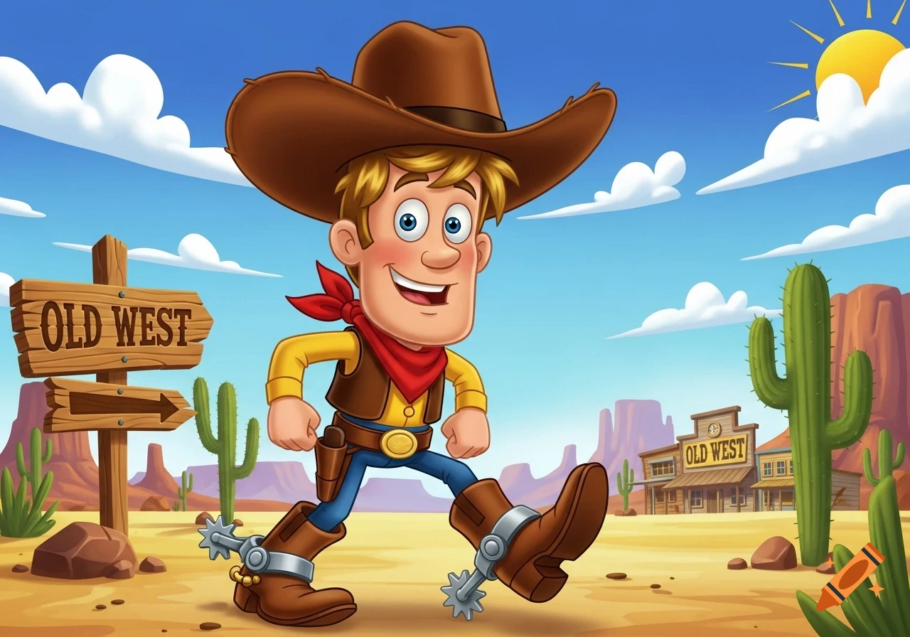 Cartoon cowboy with a hat, red bandana, and spurs, walking in a desert landscape with cacti, mountains, and signs pointing to the 'Old West'.