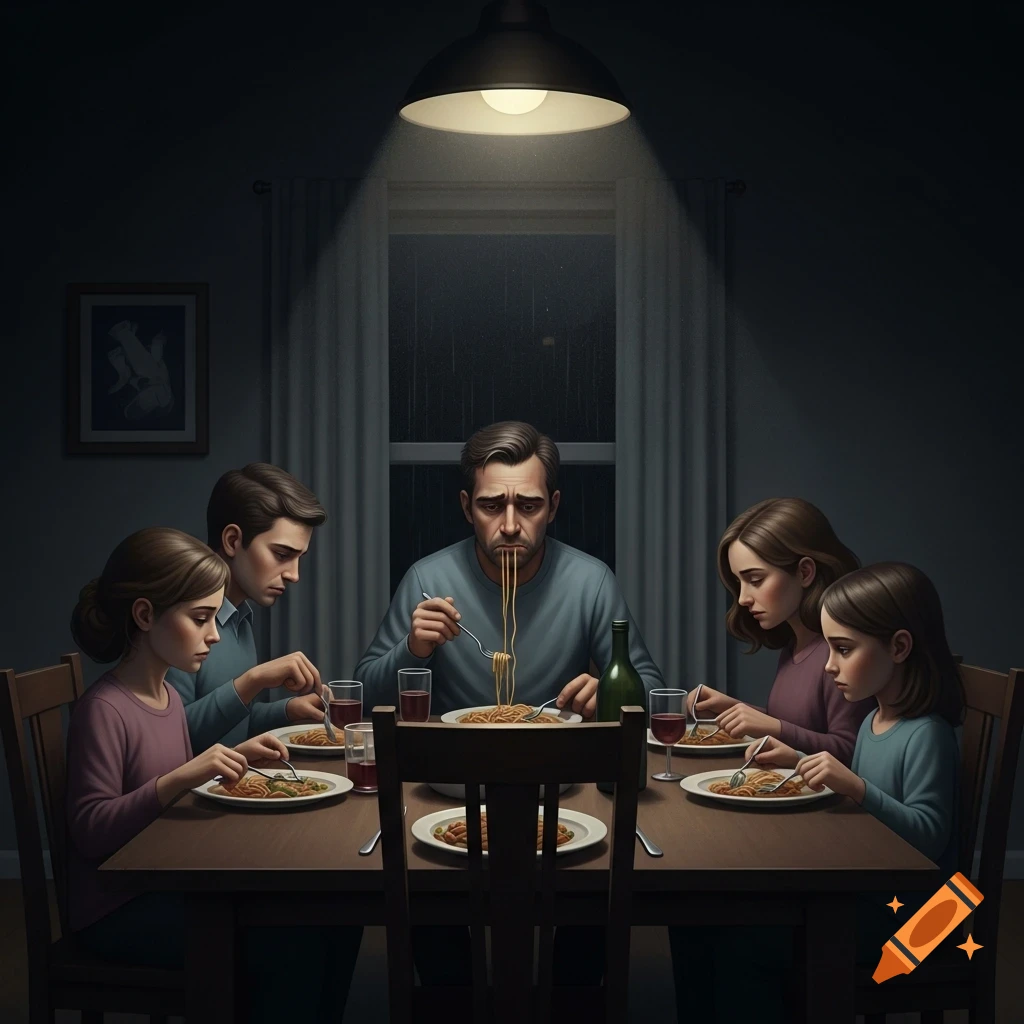 A somber family, a man, woman, and two children, eat pasta around a dimly lit table at night, all looking unhappy.