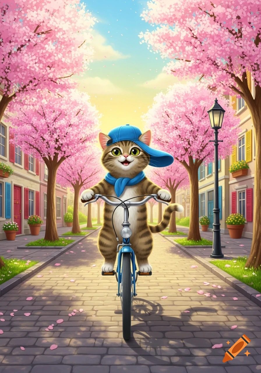 A cute cartoon cat in a blue cap and scarf rides a bicycle down a street lined with pink cherry blossom trees and colorful buildings.