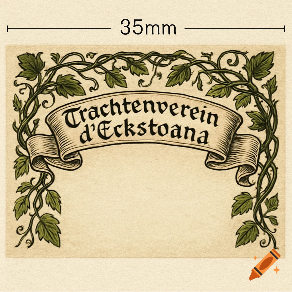 A vintage-style label featuring a banner with "Trachtenverein d'Eckstoana" in a gothic font, framed by green leafy vines.