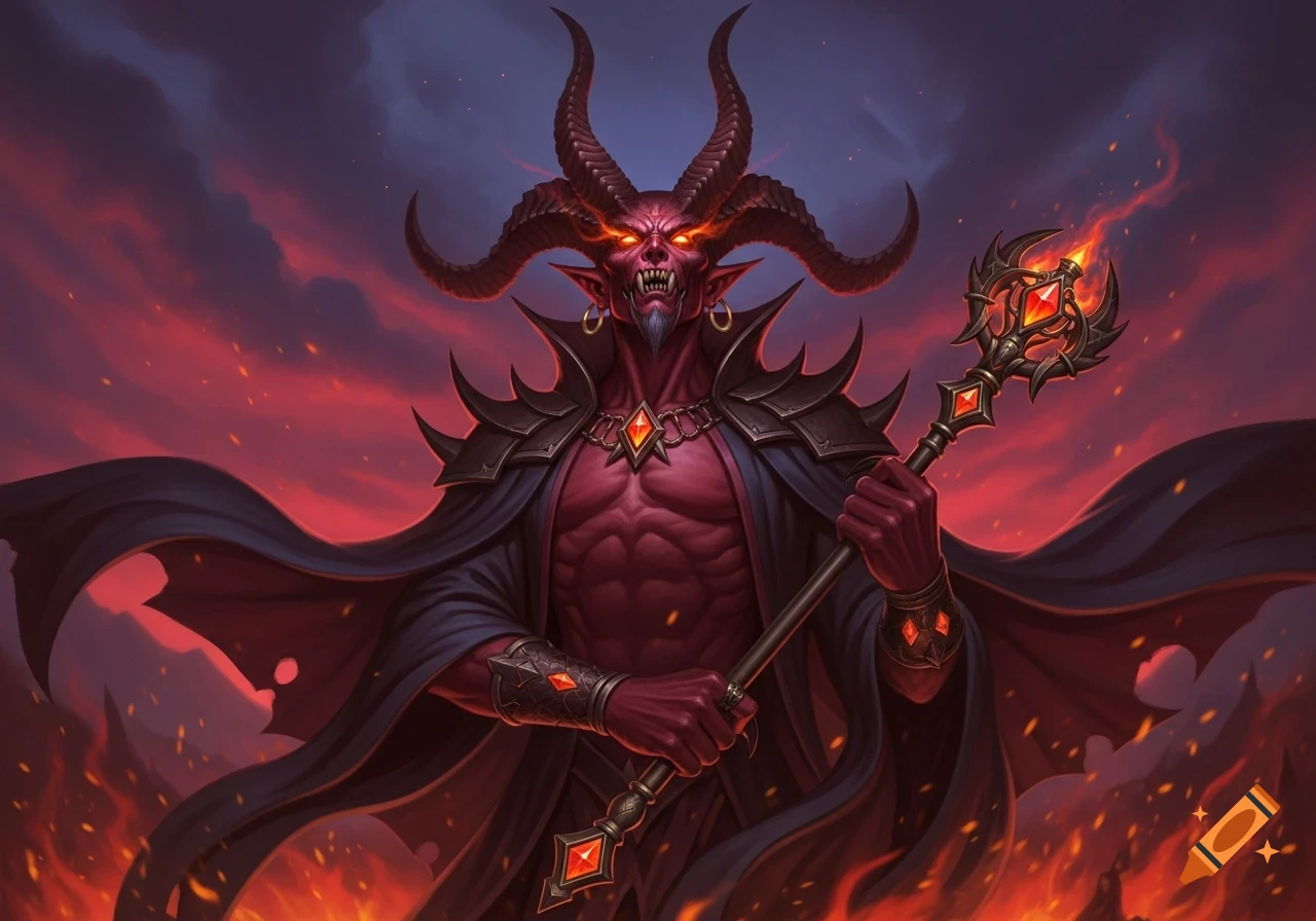 A red-skinned demon with horns, glowing eyes, and a cape, holding a fiery staff against a burning sky, fantasy art.