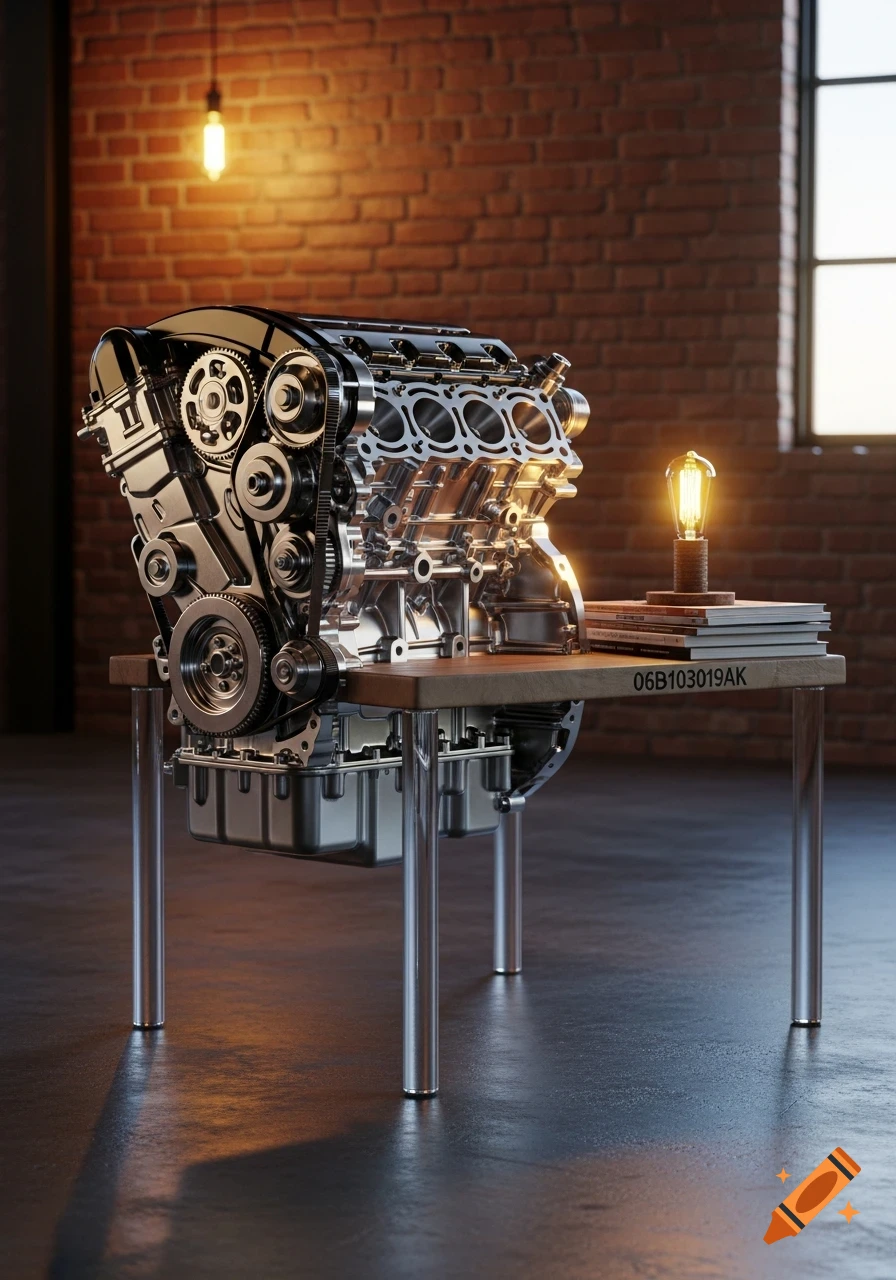 Detailed VW Golf engine block as a side table in an industrial brick room with a glowing light bulb.