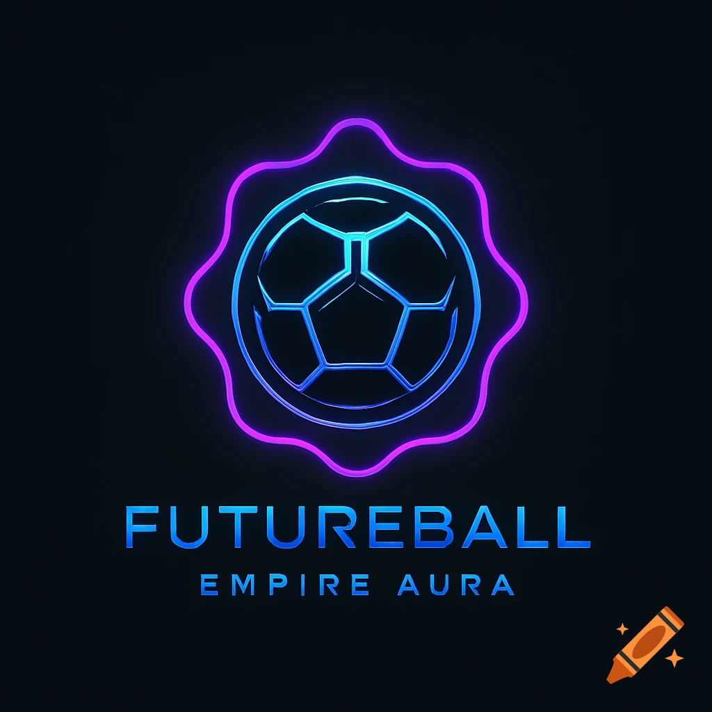 Futuristic esports logo with a glowing neon blue and purple football emblem and 'FUTUREBALL EMPIRE AURA' text.