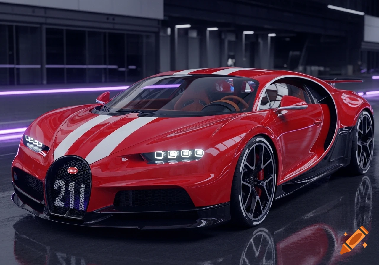 Photorealistic red Bugatti sports car with white stripes and a brown interior, parked on a reflective floor with purple LED lights.