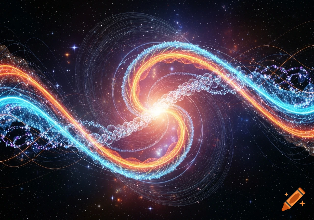 Abstract swirling blue and orange energy streams with light particles against a dark, starry space background.