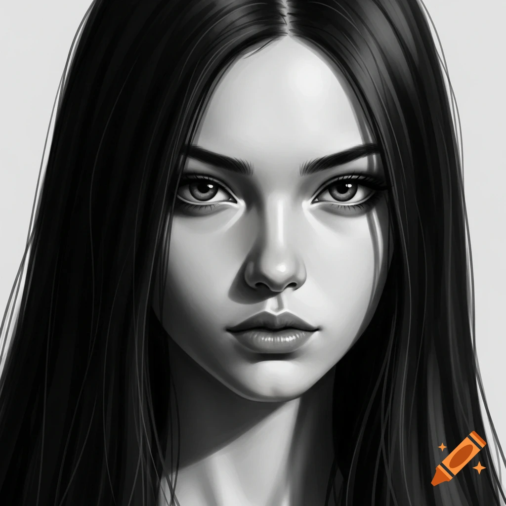 Close-up black and white stylized digital portrait of a girl with an emotionless expression and long dark hair.