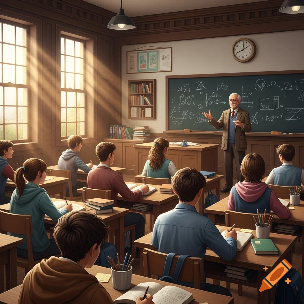 A male teacher stands in front of a blackboard, addressing teenage students at wooden desks in a sunlit classroom.