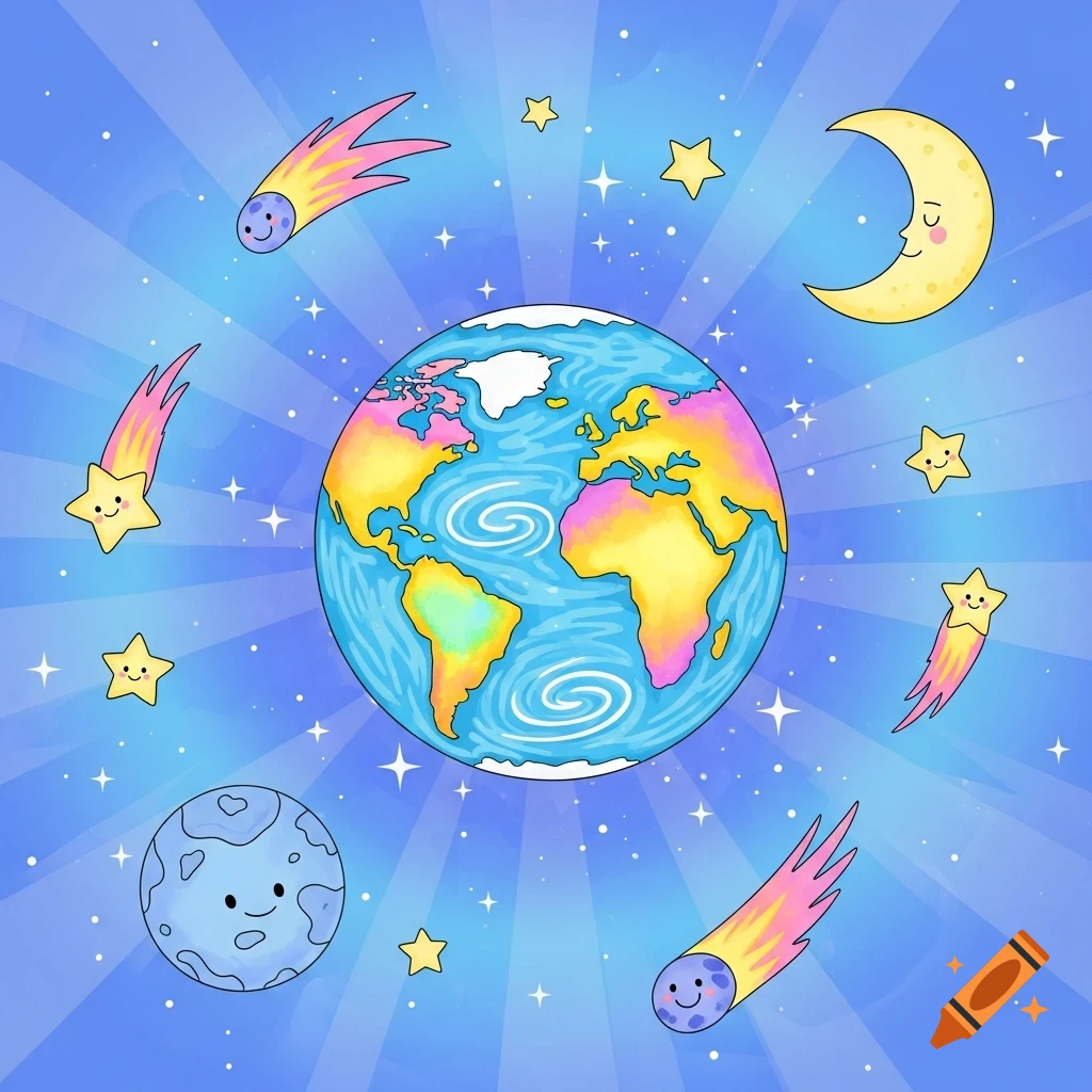 A colorful, cute cartoon illustration of Earth surrounded by smiling stars, comets, a moon, and a small planet in a starry blue sky.