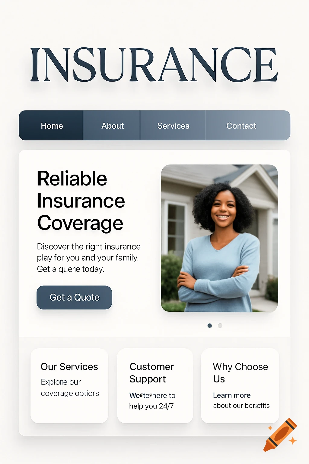 A clean, modern website design for an insurance company featuring a smiling Black woman, navigation menu, and promotional text on a white background.