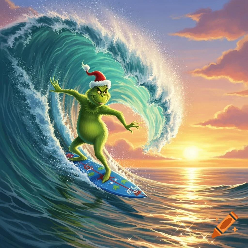 The Grinch wearing a Santa hat surfs a huge wave at sunset, on a blue surfboard decorated with red designs.