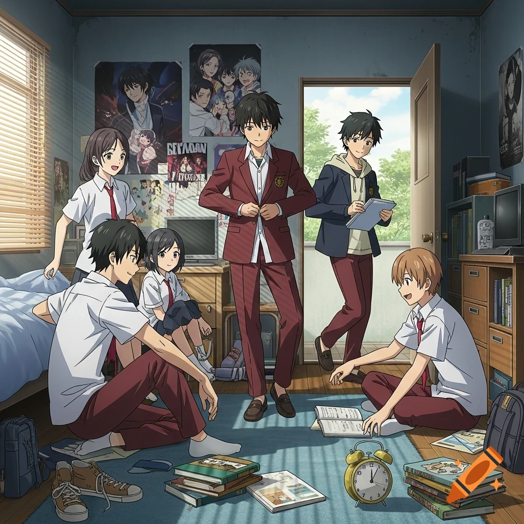 Six anime-style teenagers, four males and two females, gather in a cluttered bedroom. One male in a red uniform adjusts his jacket while another studies with an open book on the floor. Posters adorn the wall.