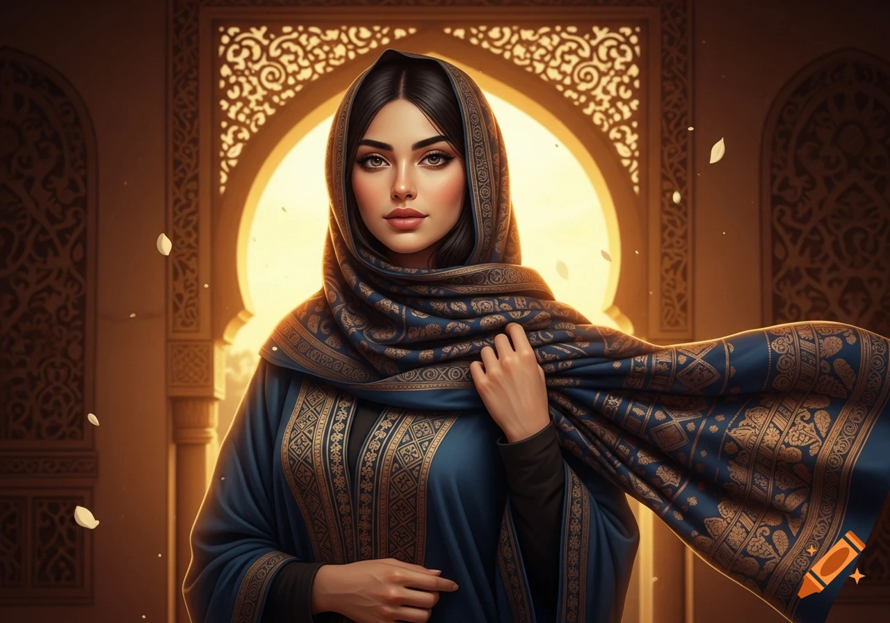 A beautiful young woman in a blue and gold patterned headscarf and dress stands before an ornate archway bathed in warm light.
