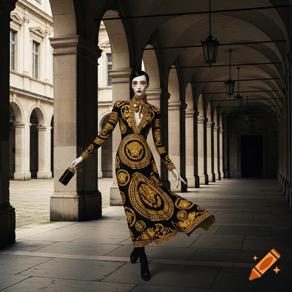 Stylized figure in black and gold Versace dress stands in a dark, arched corridor, with white hands and red eyes.