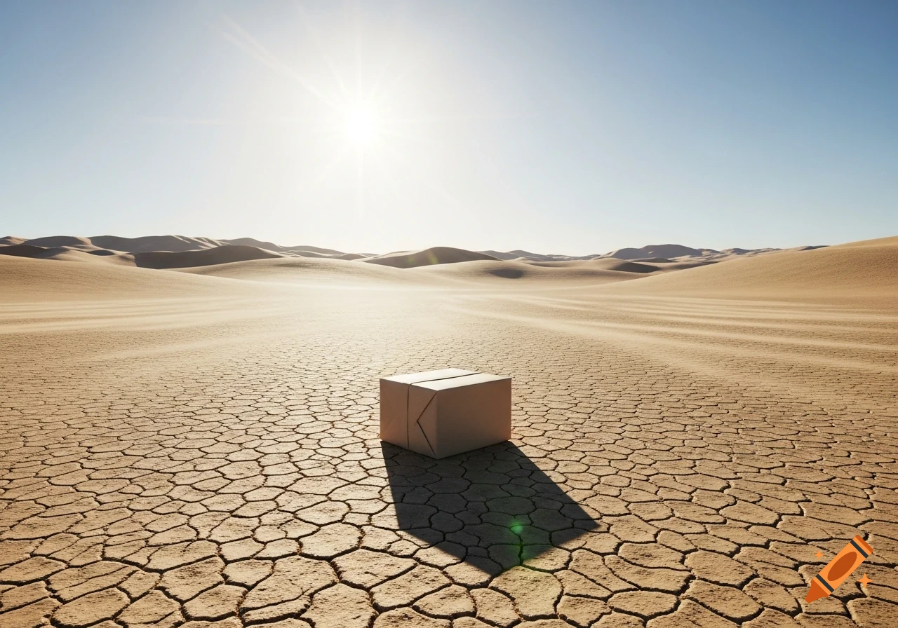 A plain brown cardboard box sits on cracked desert earth under a bright sun, with sand dunes in the background. Photorealistic.